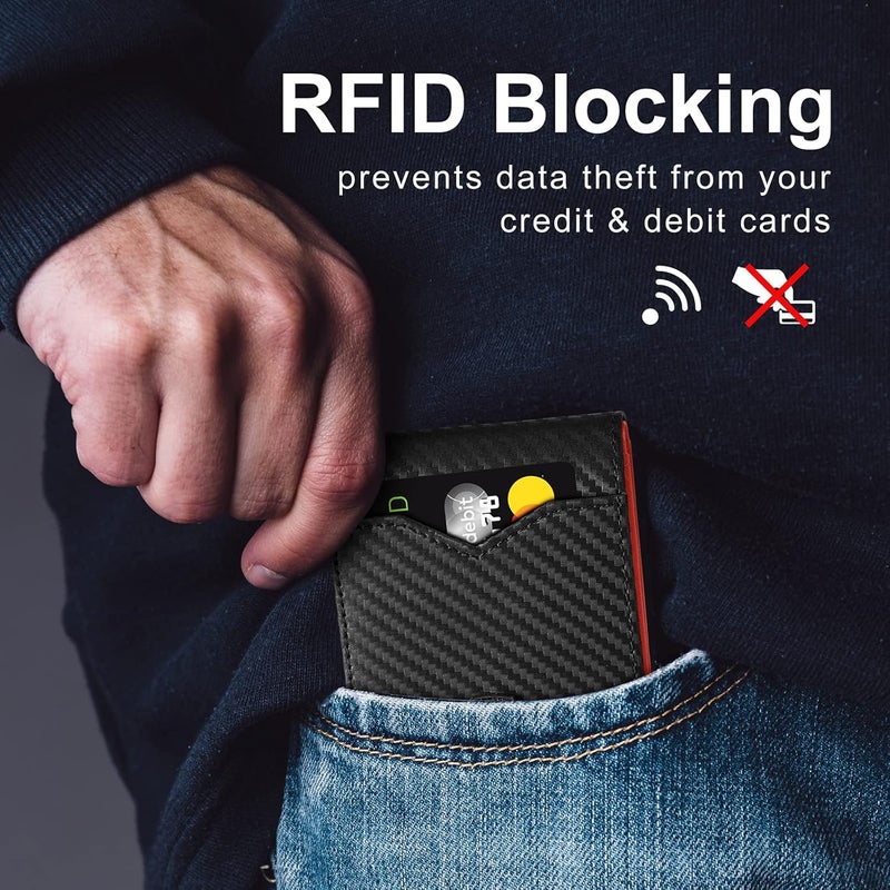 GSOIAX محفظة رفيعة للرجال مصنوعة من الجلد الطبيعي وألياف الكربون مع تقنية حجب RFID وحامل بطاقات ائتمان مزدوج مع علبة هدايا (أسود وأحمر) - Image 4